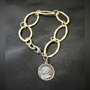 Gold tone and Silver Chain Bracelet with Catholic Pope Paulus VI Coin Charm